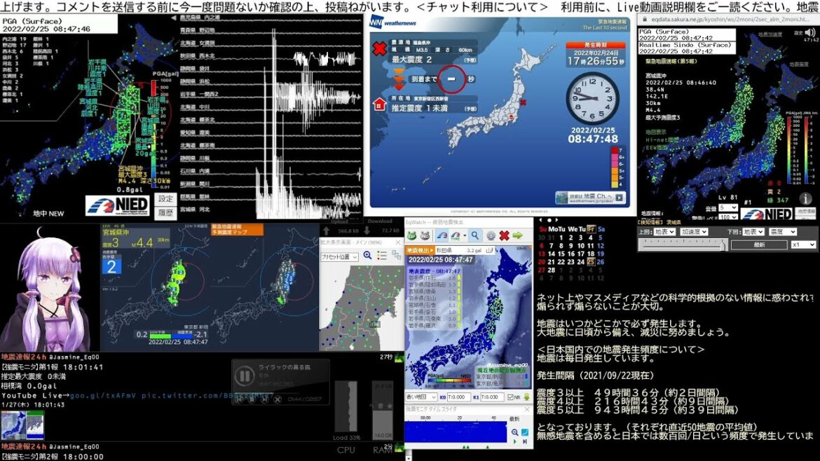 【緊急地震速報】2022/02/25 08:46発生 宮城県沖 M4.4 最大震度2