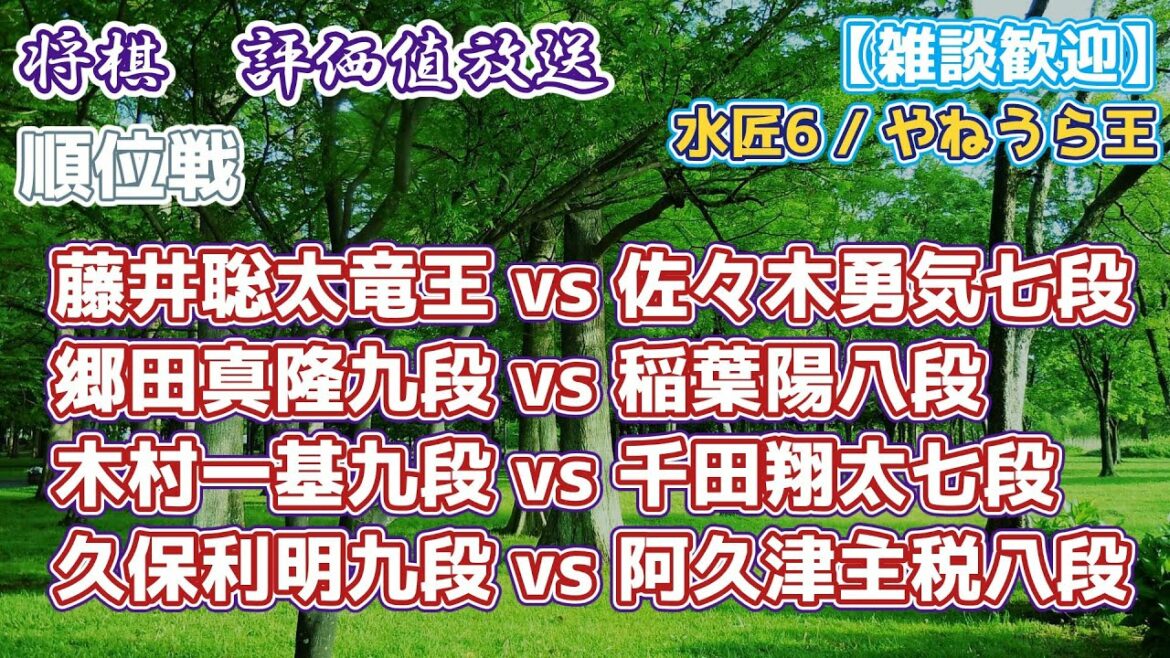 【将棋評価値放送】藤井聡太竜王 vs 佐々木勇気七段　郷田真隆九段 vs 稲葉陽八段　木村一基九段 vs 千田翔太七段　久保利明九段 vs 阿久津主税八段