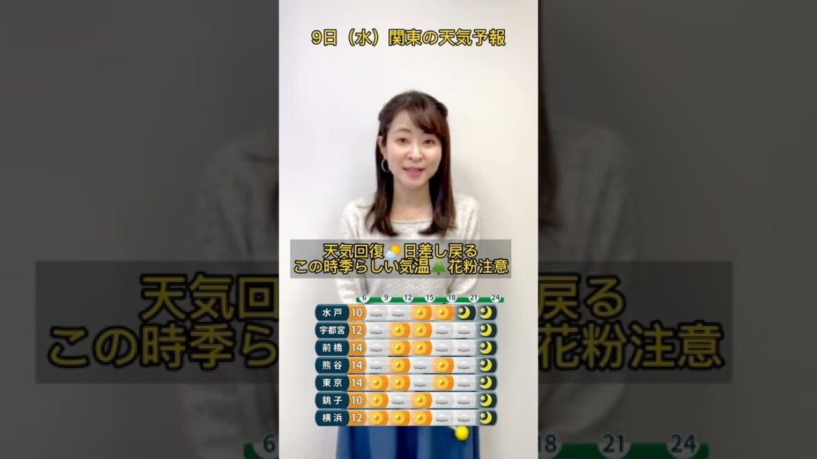 【花粉注意】9日（水）関東の天気予報（多胡安那）