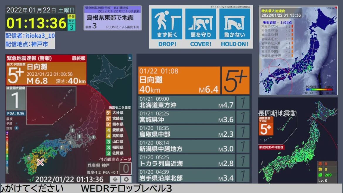 [強震モニタアーカイブ] 2022/01/22 震源地日向灘  最大震度５強