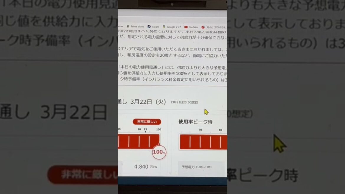 電気予報の見方解説。本日2022年3月22日の東京電力供給のひっ迫！