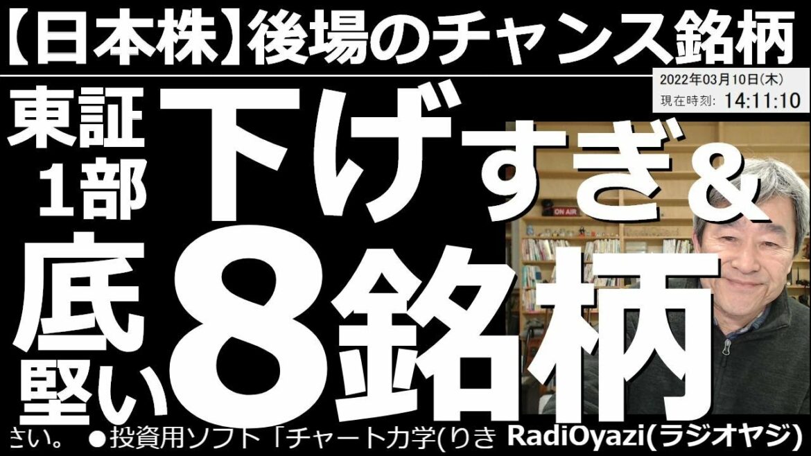 【日本株－後場のチャンス銘柄】東証１部、下げすぎ＆底堅い８銘柄！今、どの銘柄を買えばいいのか？が、わかる動画。日経平均が大幅高になっている今日、東証１部の主要銘柄をチャート分析し、買いチャンスを探る。