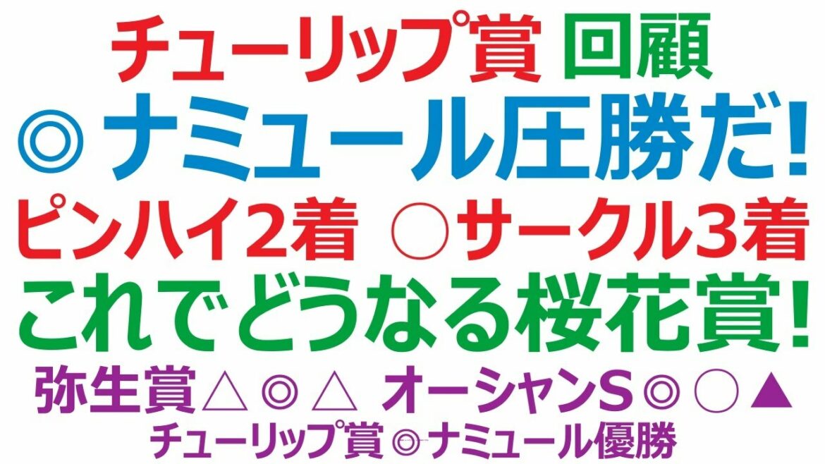 チューリップ賞2022回顧　◎ナミュール圧勝！ ピンハイ大穴の2着。○サークルオブライフ底力の3着。これでどうなる桜花賞。