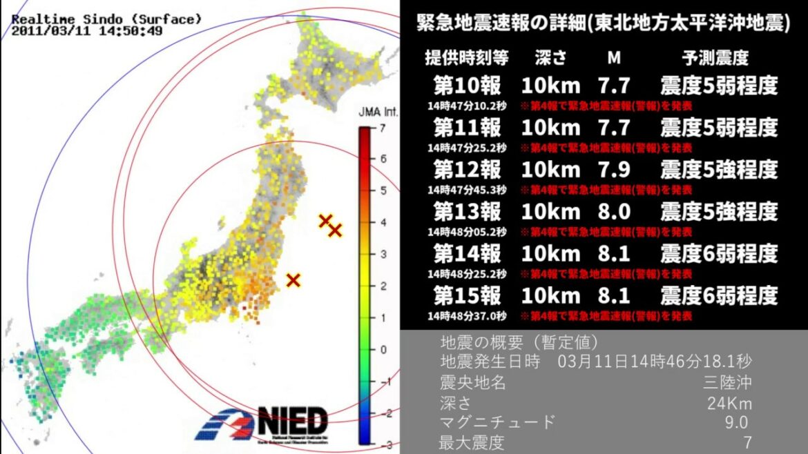 東北地方太平洋沖地震- 強震モニタ-緊急地震速報発表状況