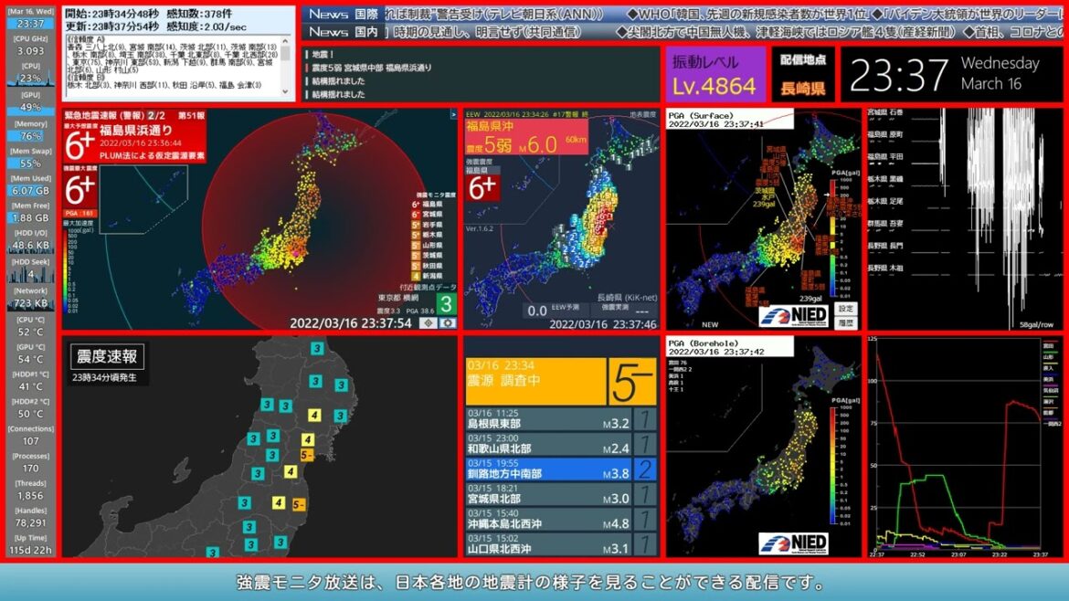 【福島県浜通り】2022年03月16日 23時36分44秒（最大震度6強 M1.0 深さ10km）地震録画