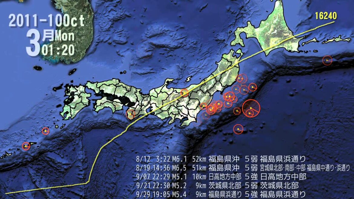東北地方太平洋沖地震 発生地点・規模・時刻分布図（2011/10/15）
