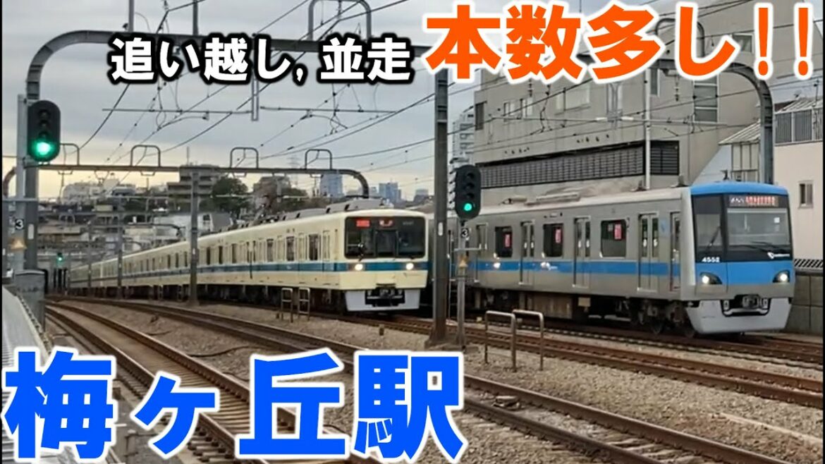 【ラッシュ複々線!!】小田急線梅ヶ丘駅 平日朝の様子 並走も!!