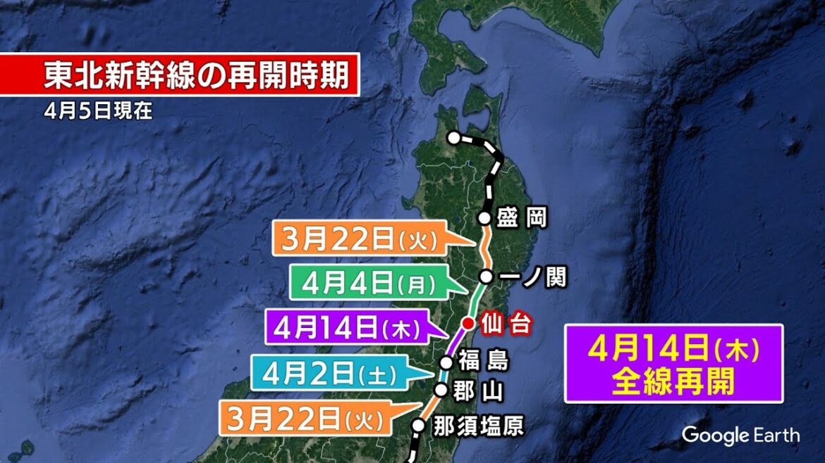 東北新幹線　運転再開時期　臨時便（JR東北線・JR常磐線・航空機）　4月5日現在