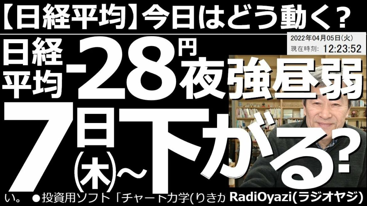 【日経平均－今日はどう動く？】日経平均－28円「夜強く昼弱い」４月７日(木)から下がり始める？　アメリカ時間には買われて、28,000円を超えていた日経平均、昼は無残に下落している。その理由を分析。