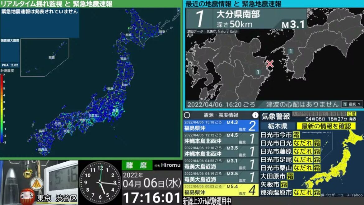 【地震】和歌山県北部　震度４　M3.4　（2022/4/6 17:14ごろ　切り抜きアーカイブ）