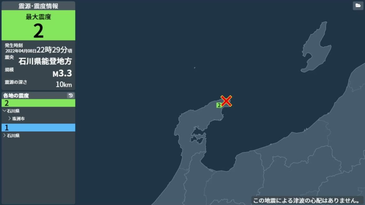 【強震モニタアーカイブ】2022.04.08 石川県能登地方 最大震度２　最大震度２