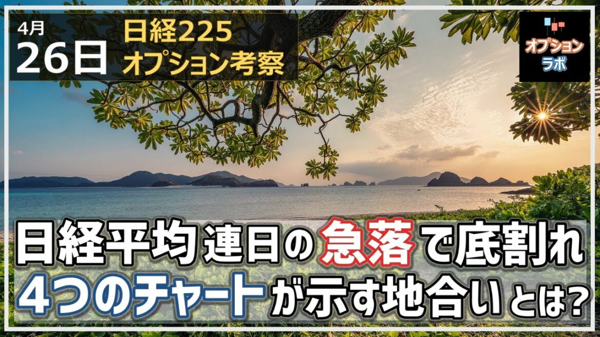 【日経225オプション考察】4/26 日経平均連日の急落で三角持ち合いを下抜け！ オプラボ名物４つのチャートは示す地合いとは？