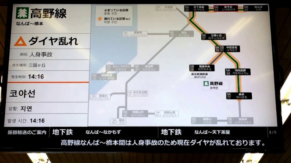 南海 列車運行情報を表示するディスプレイ 新今宮駅にて