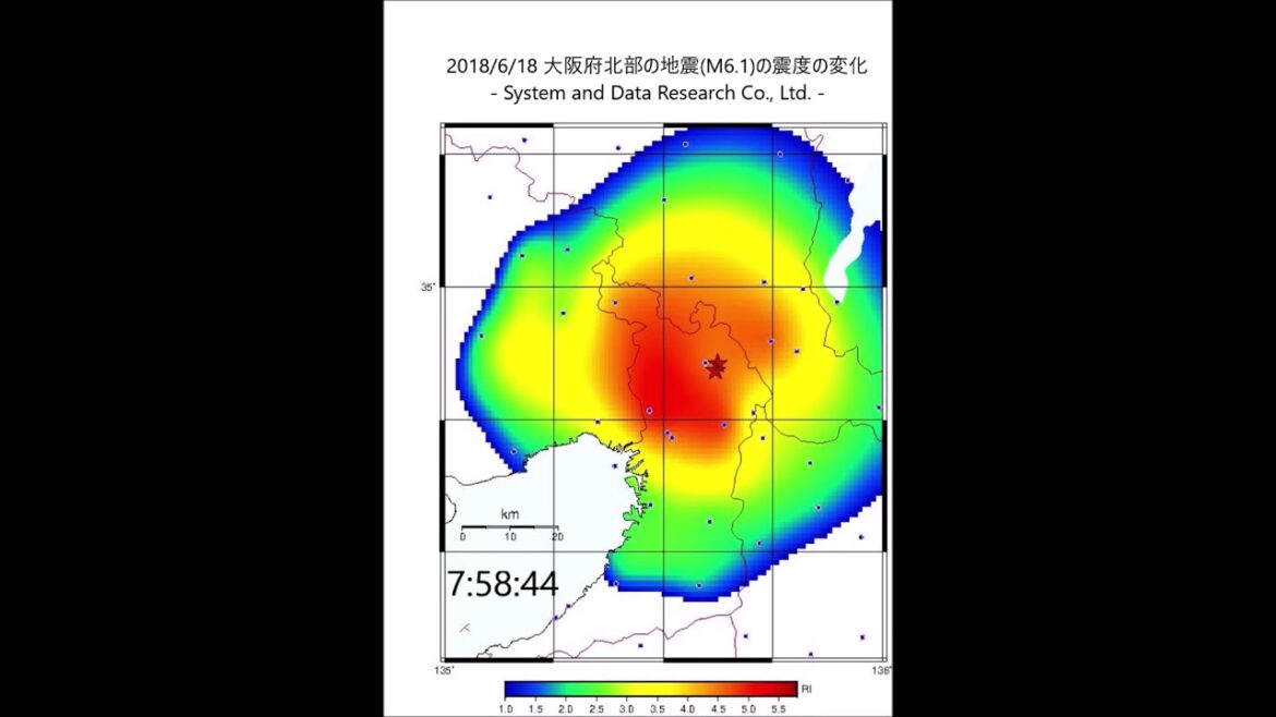 2018/6/18 大阪府北部の地震(M6.1)のリアルタイム震度の変化