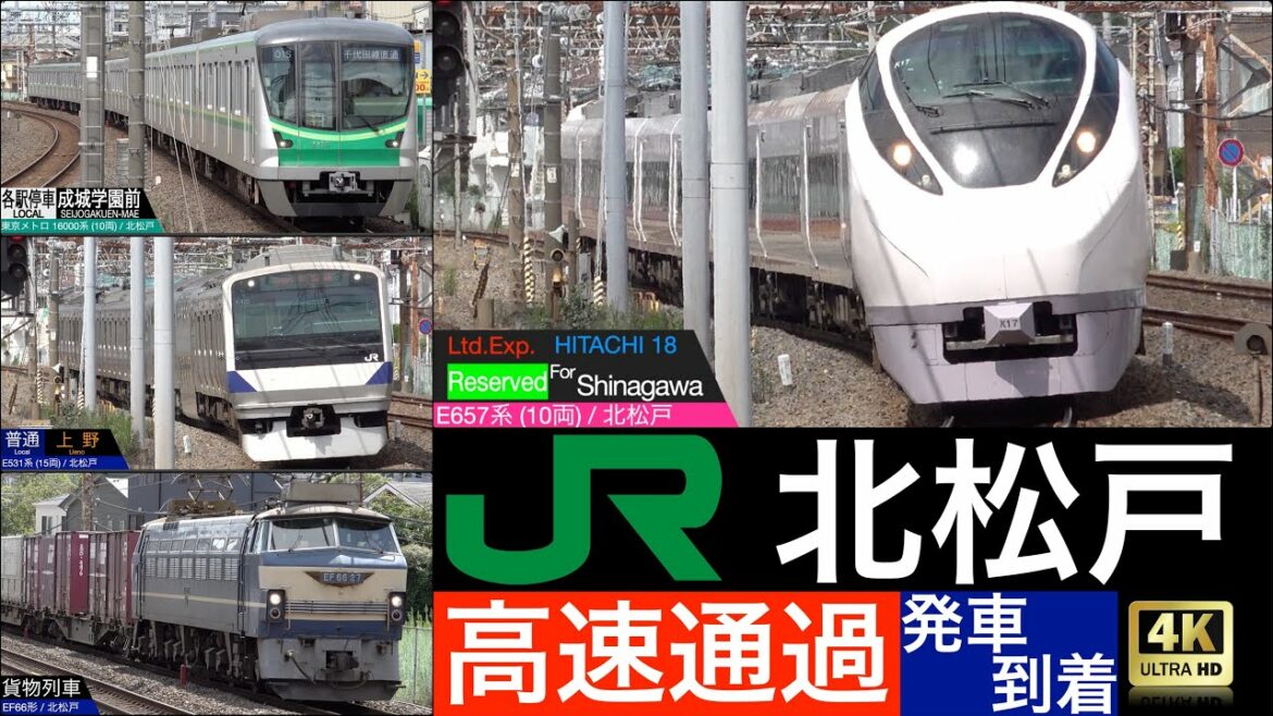 JR東日本 常磐線 北松戸駅 / ときわ, ひたち, 特別快速, 快速, 普通, 各駅停車, 高速通過 発車, 到着 [列車情報,速度計付き]
