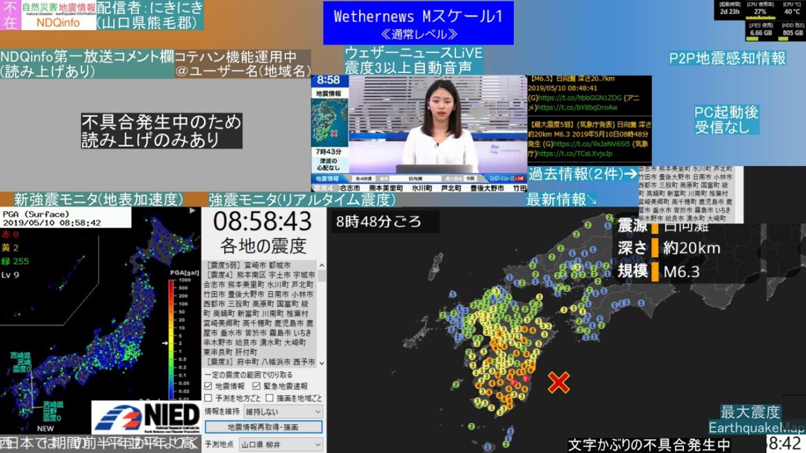【緊急地震速報】日向灘 最大震度5弱　2019/05/10  8時48分頃発生