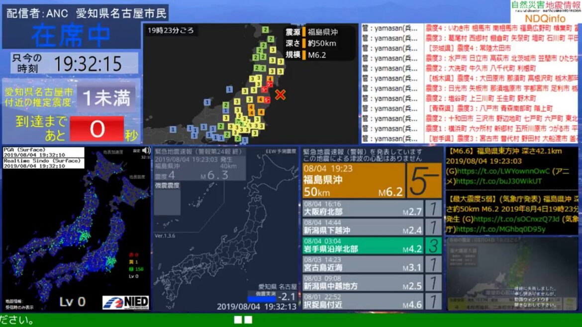 【緊急地震速報】 福島県沖 最大震度５弱 2019.08.04 19:23頃発生
