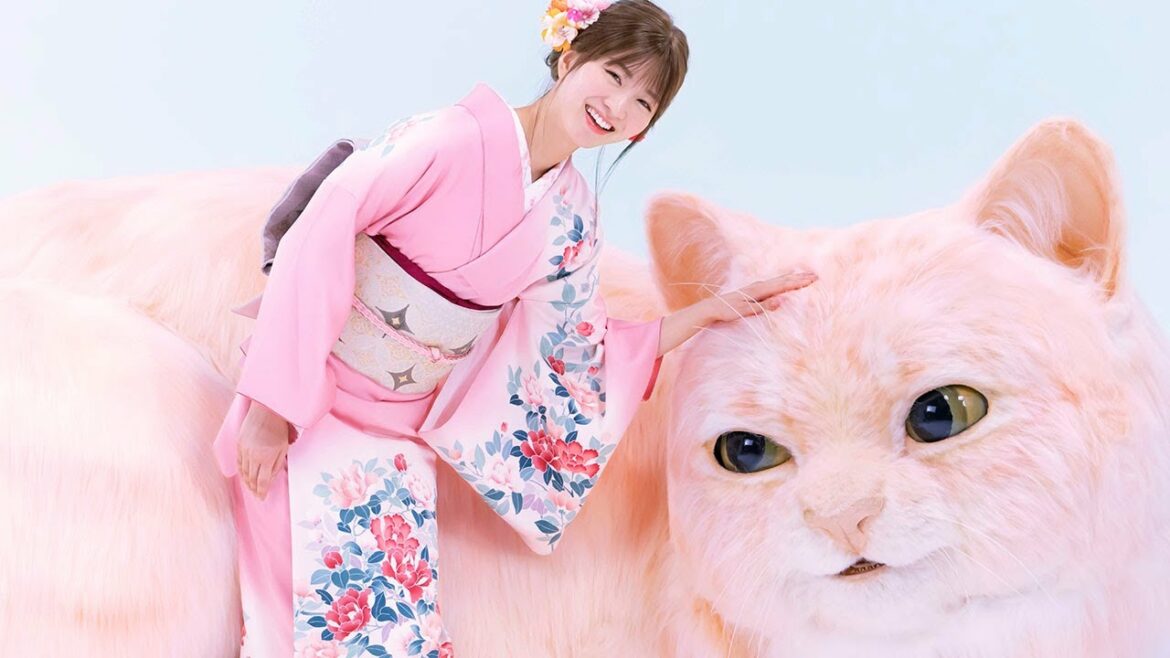 岡崎紗絵、巨大ネコと共演　フワフワな体に包まれメロメロに!?　井村屋「やわもちアイス」新CM