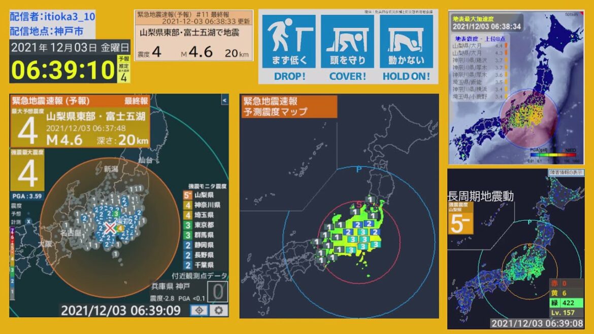 [強震モニタアーカイブ] 2021/12/03 震源地 山梨県東部・富士五湖 最大震度5弱