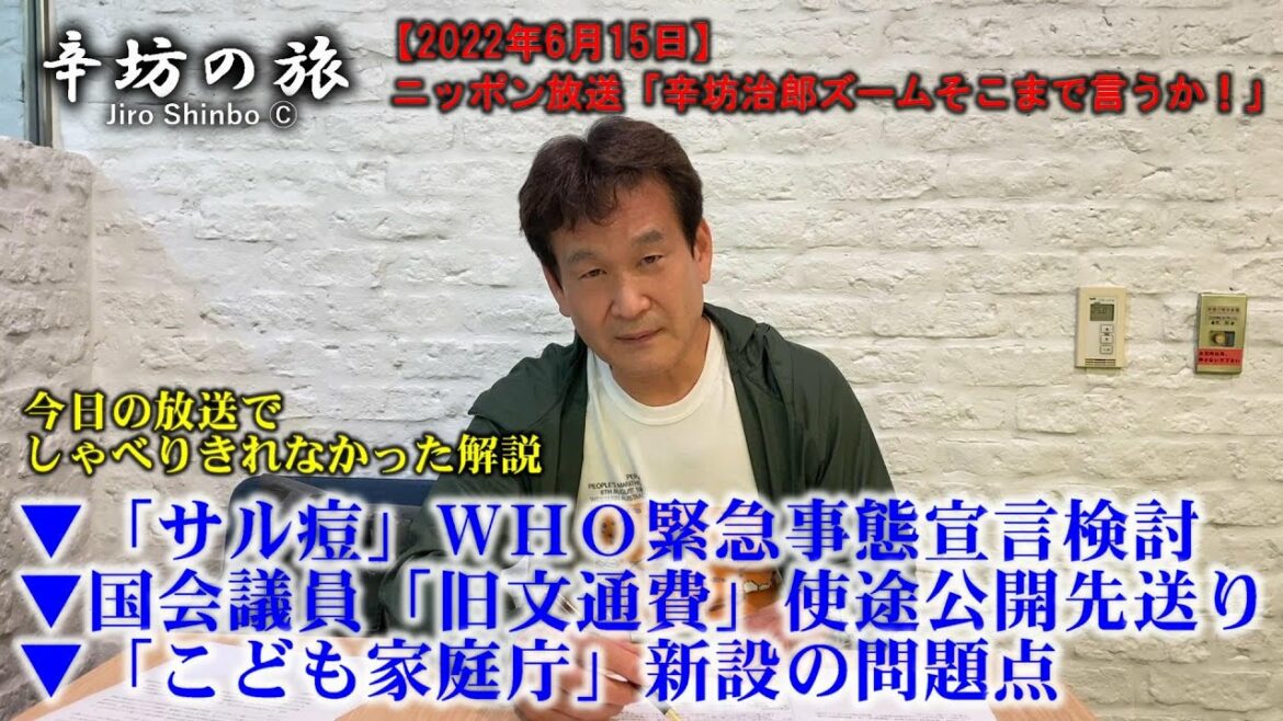 ▼「サル痘」ＷＨＯ緊急事態宣言検討▼国会議員「旧文通費」使途公開先送り▼「こども家庭庁」新設の問題点ほか～2022/6/15ニッポン放送「辛坊治郎ズームそこまで言うか！」しゃべり残しニュース解説～