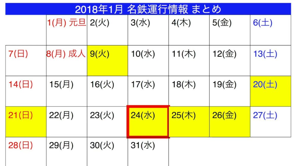 2018年 1月 名鉄 運行情報まとめ