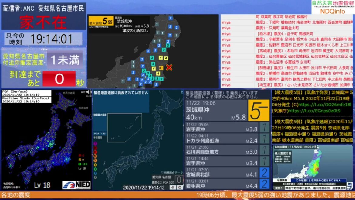 【緊急地震速報】茨城県沖 最大震度5弱 2020年11月22日 19時06分頃発生