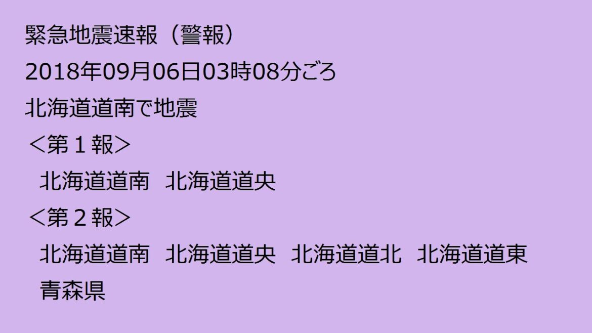 【緊急地震速報（ラジオ）】北海道道南で地震 2018.09.06 03:08（平成30年北海道胆振東部地震）/ Earthquake Early Warning