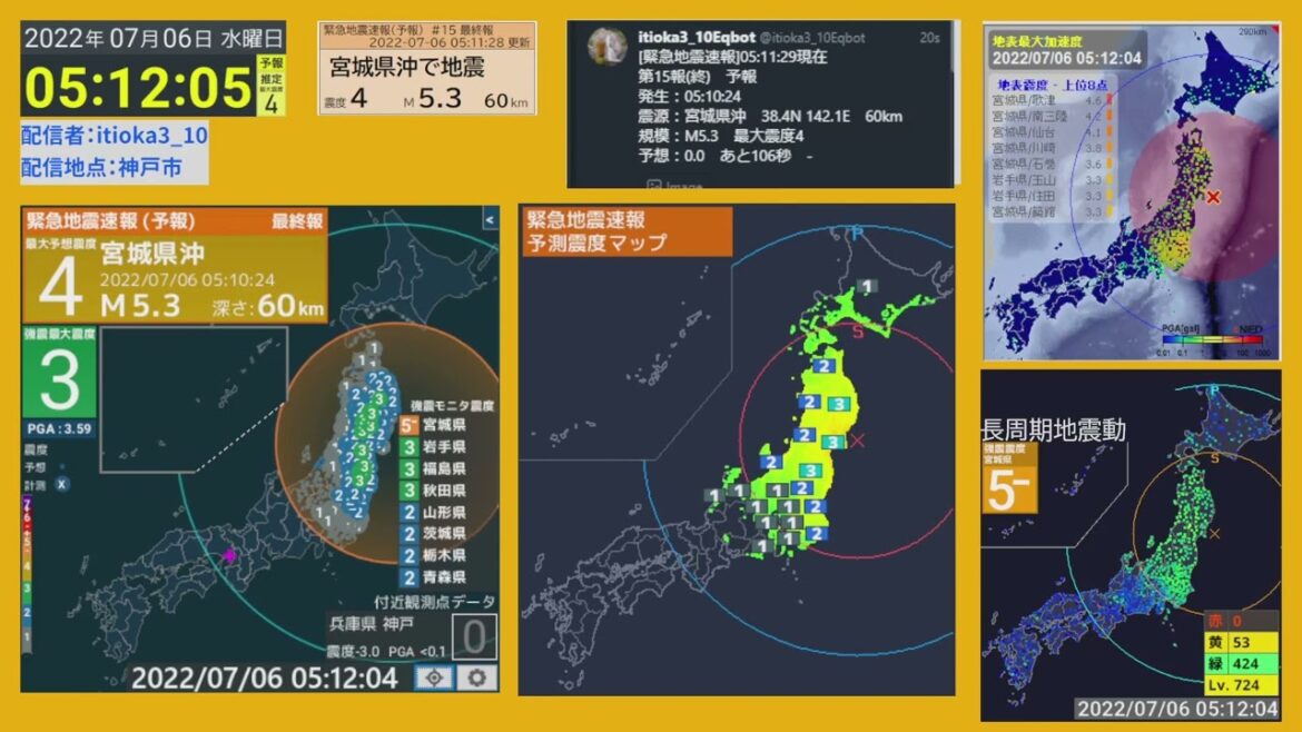 [強震モニタアーカイブ] 2022/07/06震源地 宮城県沖 最大震度4