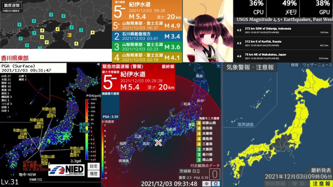 [緊急地震速報] 紀伊水道 M5.4 最大震度5弱