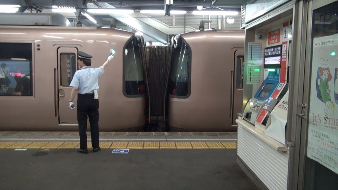 【小田急線】【秦野駅　発車】【駅員　ライトを振る】【特急ロマンスカー　30000形　EXE】【未更新車】【４＋６　10両編成】【神奈川県　秦野市】【小田急小田原線　小田急電鉄】
