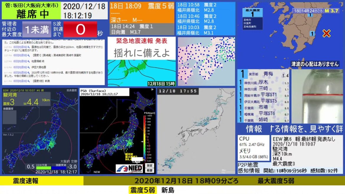 【最大震度5弱】2020年12月18日 18時09分頃発生 伊豆大島近海 深さごく浅い M5.1【緊急地震速報(警報)】