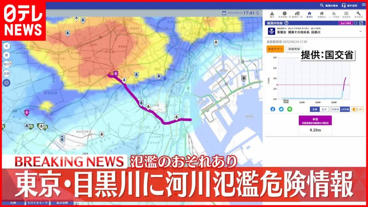 【速報】東京・目黒川に氾濫危険情報　氾濫のおそれあり
