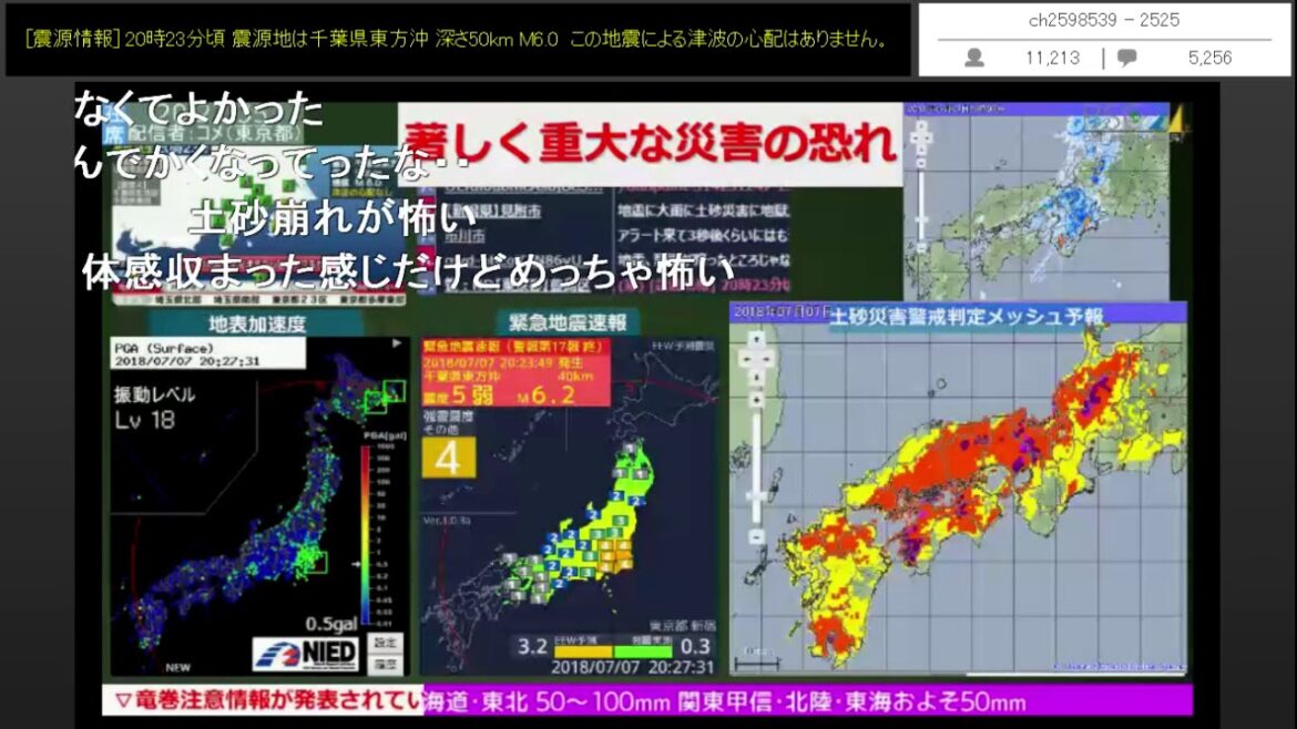 コメ有り版【緊急地震速報】千葉県東方沖（最大震度5弱 M6.0） 2018.07.07【BSC24】