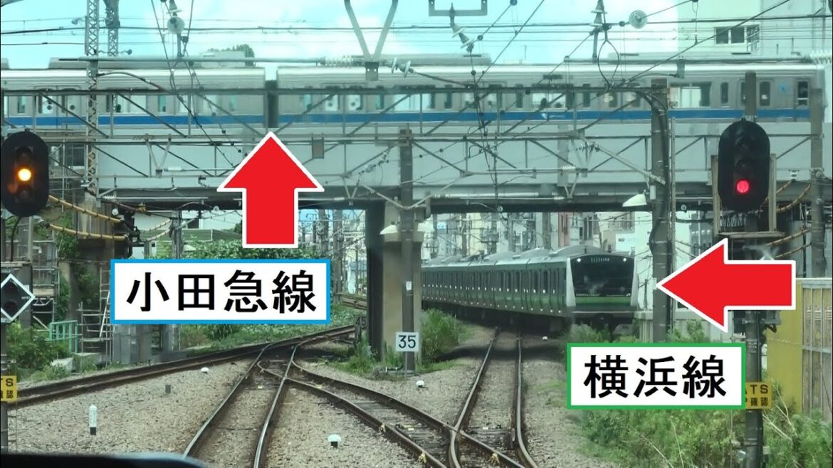 目の前で小田急線と横浜線が立体交差 町田駅～古淵駅間を走行する横浜線下りE233系の前面展望