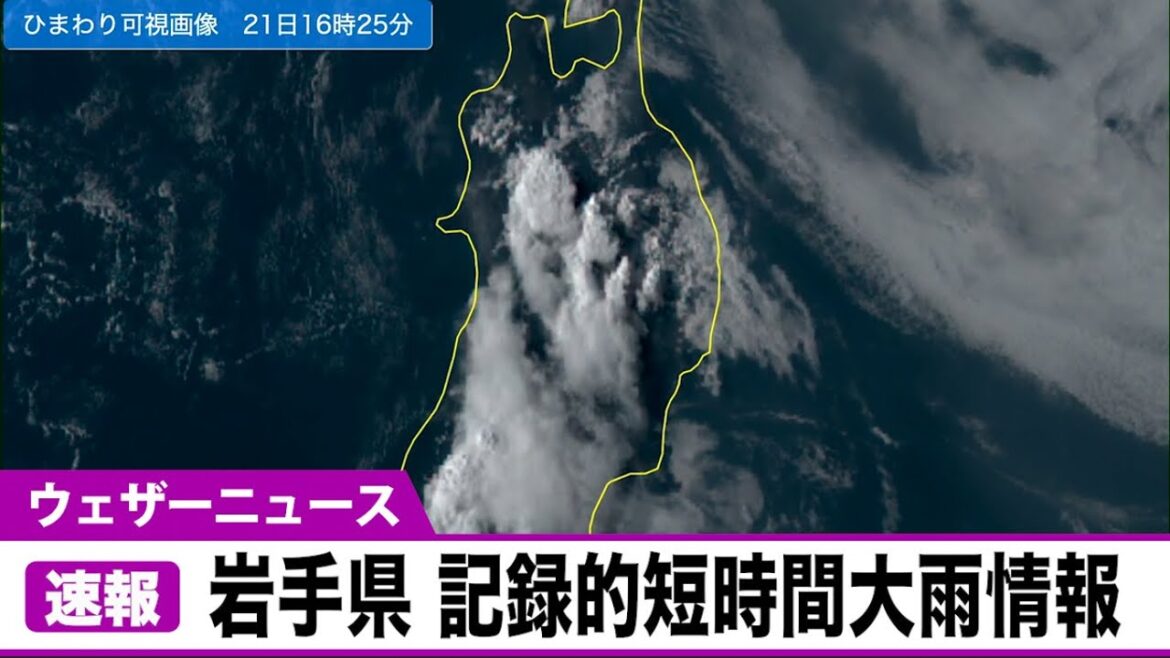 岩手県に記録的短時間大雨情報　花巻市東部付近で約100ミリ（解析雨量）