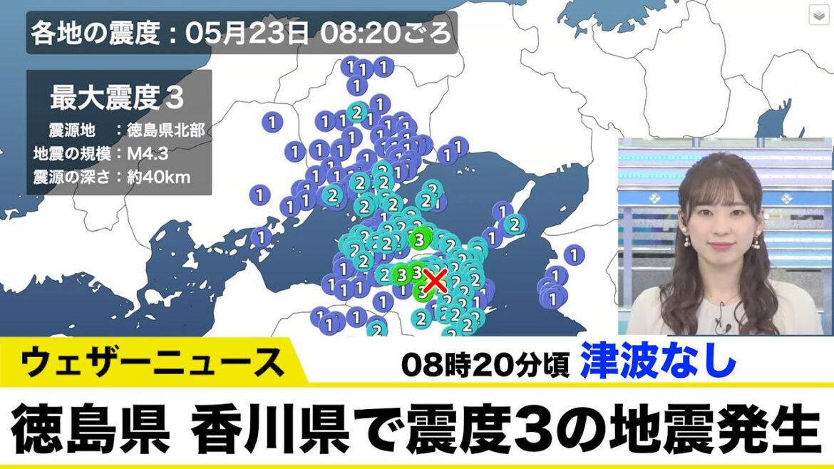 徳島県 香川県で震度3の地震発生 08時20分頃 津波なし