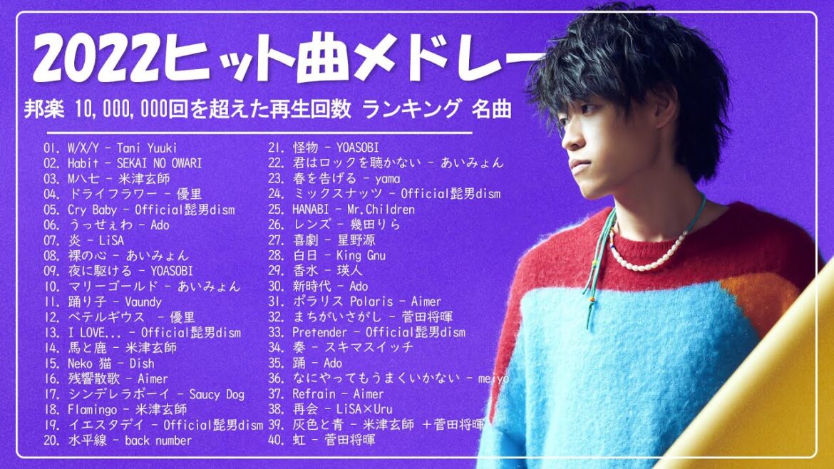2022 年 ヒット曲 ランキング 🍀【2022年最新版】最近流行りの曲40選 🍀 邦楽 ランキング 最新 2022 🍀LiSA、優里、YOASOBI、King Gnu、米津玄師