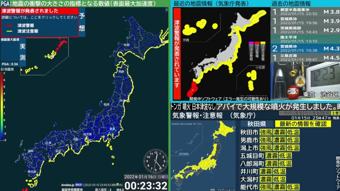 【津波警報】トンガ諸島の大規模噴火による潮位変化（2022/1/16 0:15～1:53アーカイブ）