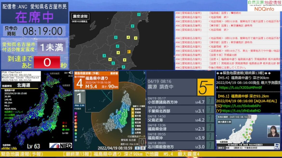 福島県中通り 最大震度5弱 2022年4月19日 8時16分頃発生