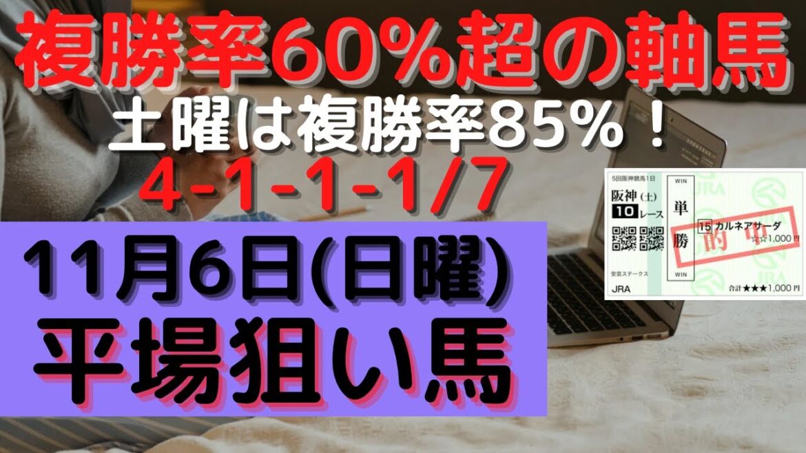 【競馬予想】１１月６日の平場勝負レース該当馬（３レース）！複勝率６０％超の軸馬（５レース）の配信！