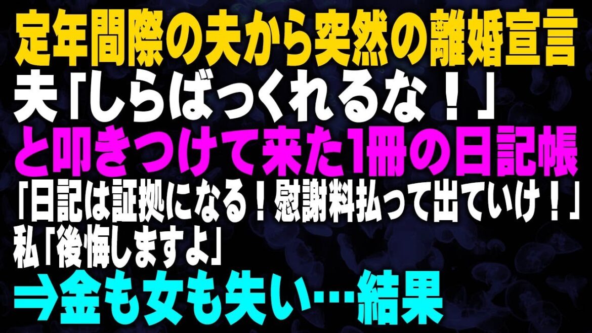 【スカッとする話】定年間際の夫から突然の離婚宣言 夫「しらばっくれるな！」と叩きつけて来た１冊の日記帳「日記は証拠になる！慰謝料払って出ていけ！」私「後悔しますよ」⇒金も貢いだ女も失い…結果