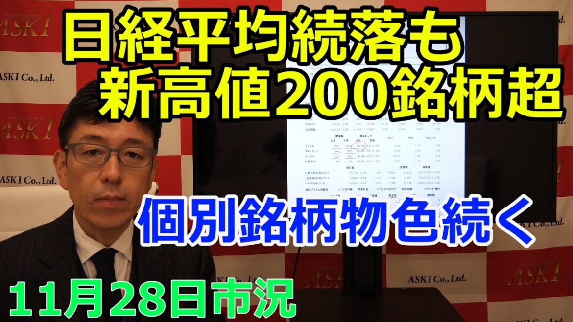 2022年11月28日【日経平均続落も新高値200銘柄超 個別銘柄物色続く】(市況放送【毎日配信】) 2022年11月28日【日経平均続落も新高値200銘柄超 個別銘柄物色続く】(市況放送【毎日配信】)