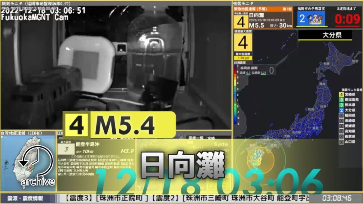 【やや強い地震】日向灘　震度4　観測0　 2022/12/18 03:06 ごろ[FukuokaMGNTCam]