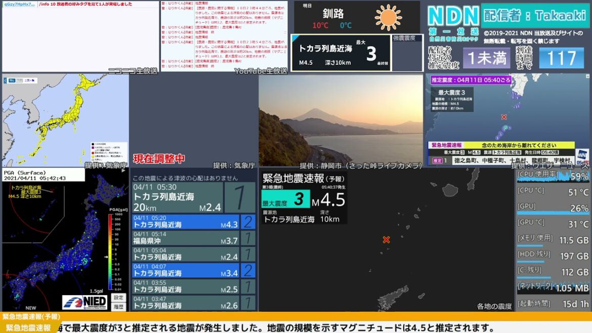 【緊急地震速報（予報）】トカラ列島近海　最大震度4
