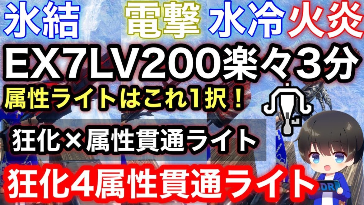 【狂化属性ライト】活力剤なしで伏魔より強い！狂化属性貫通ライトボウガン4属性テンプレ装備解説！【氷結/火炎/水冷/電撃/ライトボウガンおすすめ最強/第3弾アプデ】【モンハンライズ:サンブレイク】