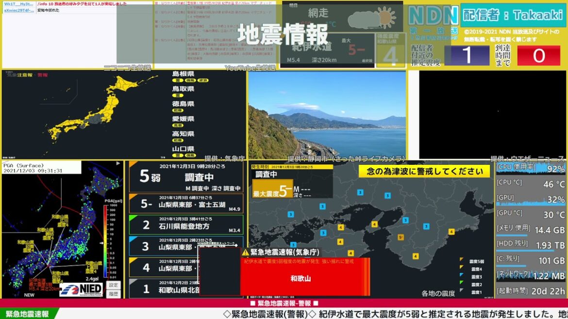 【緊急地震速報（警報）】紀伊水道　最大震度5弱