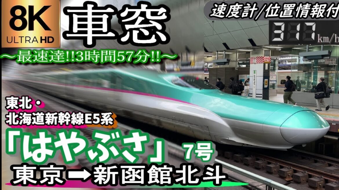 【8K超高画質車窓】JR東北・北海道新幹線 最速達E5系"はやぶさ7号" 東京～新函館北斗＜速度計・位置情報付・2022年版＞　Japanese bulit train side view show.