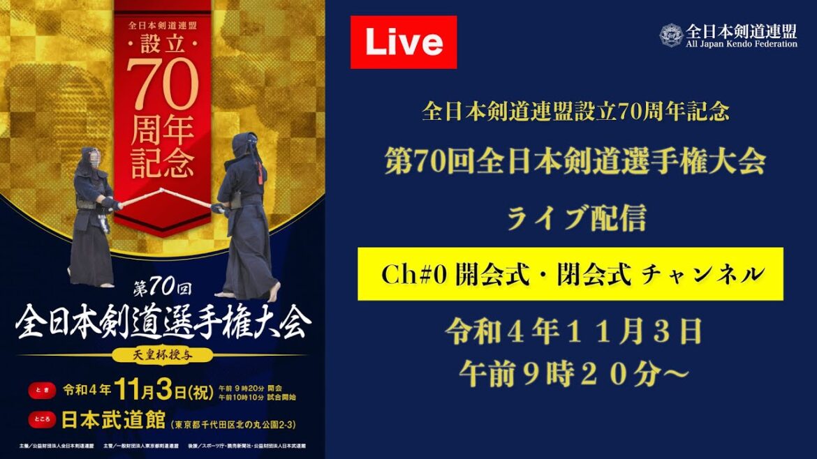 【LIVE】channel#00　（第70回 全日本剣道選手権大会　サブチャンネル：定点カメラ／開会式・閉会式・定点試合映像）