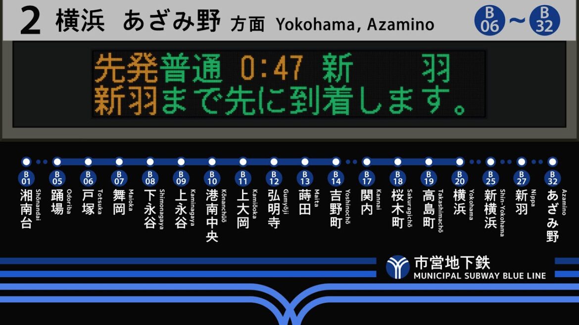 横浜市営地下鉄 ブルーライン 踊場駅 接近放送 （発車標再現）