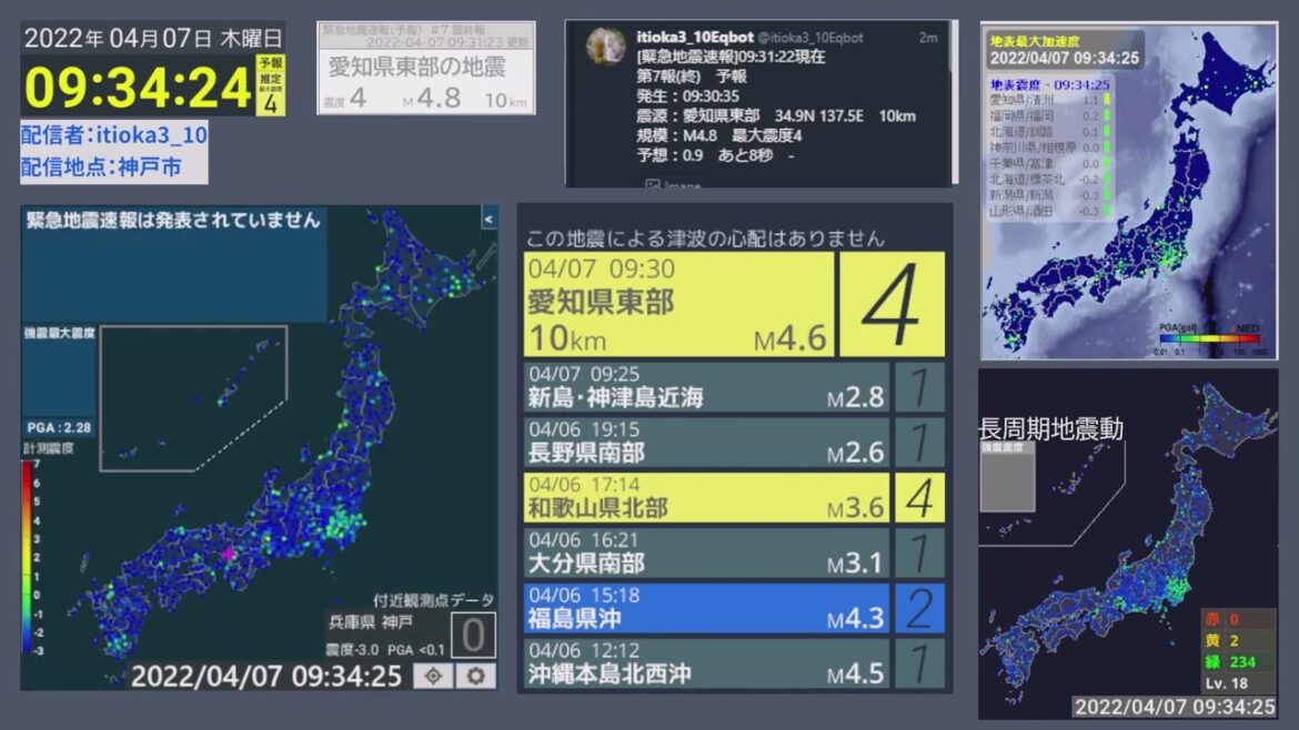 [強震モニタアーカイブ] 2022/04/07 震源地 愛知県東部 最大震度4